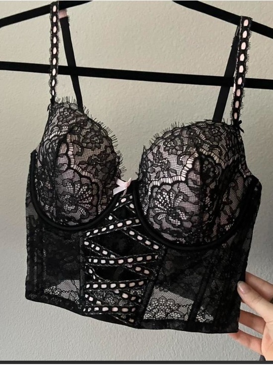 Victoria's Secret Other - Victoria's Secret Black Lace Longline Bustier Bra with Pink Accents